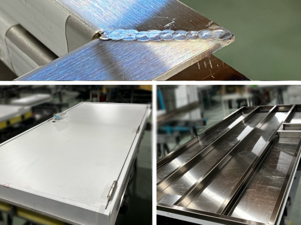 溶接ビード、扉、扉製作中の画像。