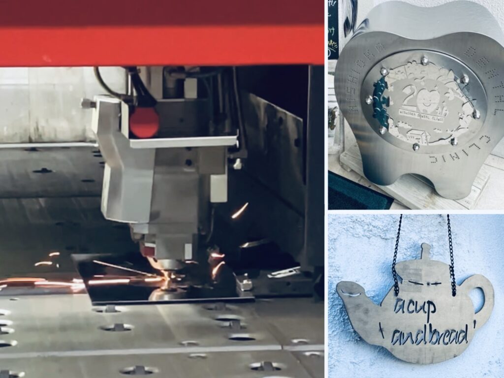 レーザー加工機の加工中の写真と、レーザー抜きの厚板看板・薄板看板各々1枚ずつの事例写真を1枚にまとめた画像。